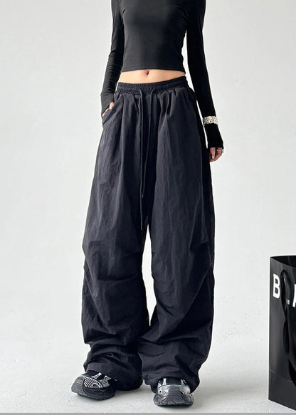 Black Oversized Elastic Waist Cotton Pants Spring