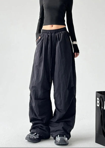 Black Oversized Elastic Waist Cotton Pants Spring