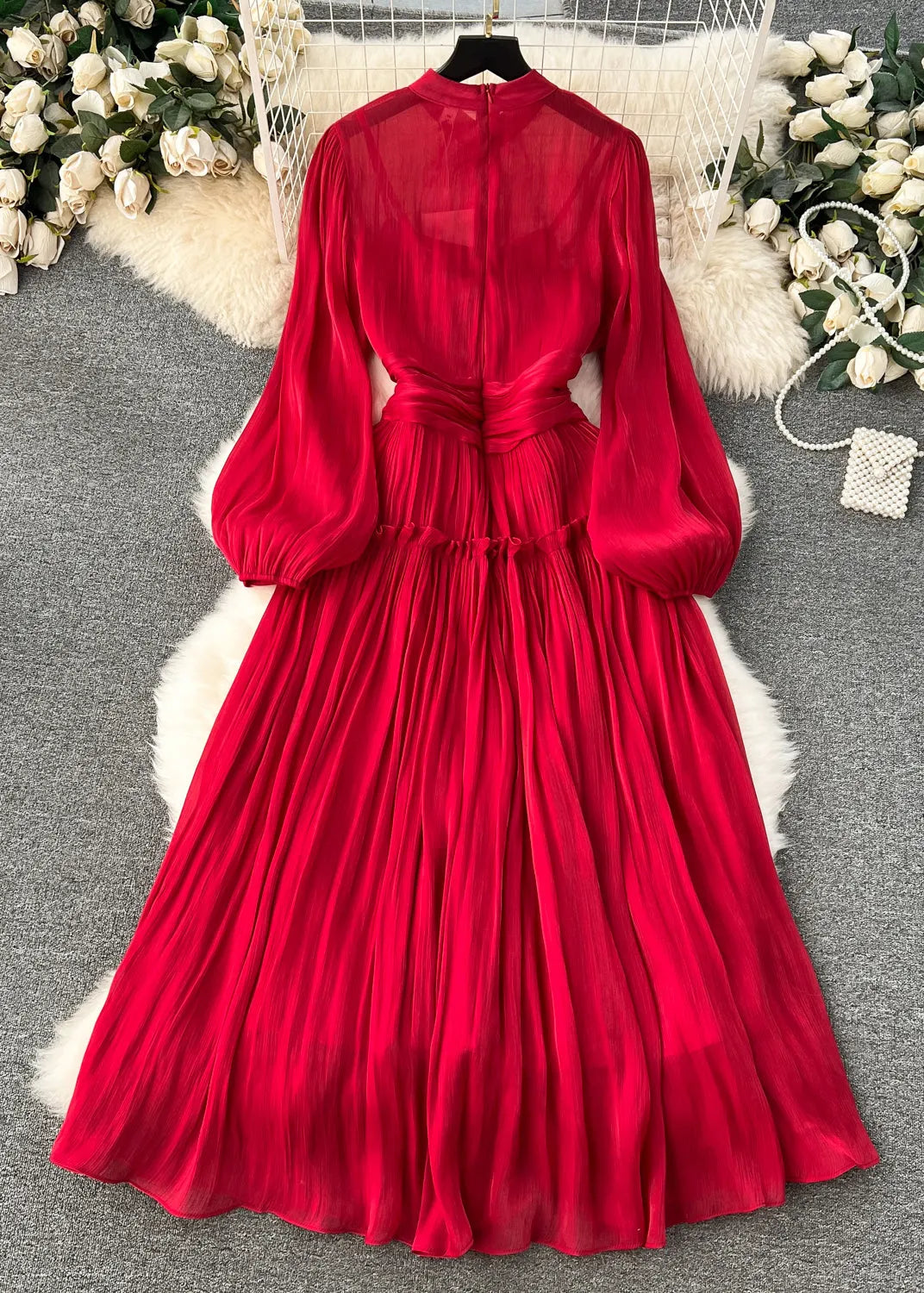 Art Red Wrinkled Patchwork Silk Cotton Dress Long Sleeve