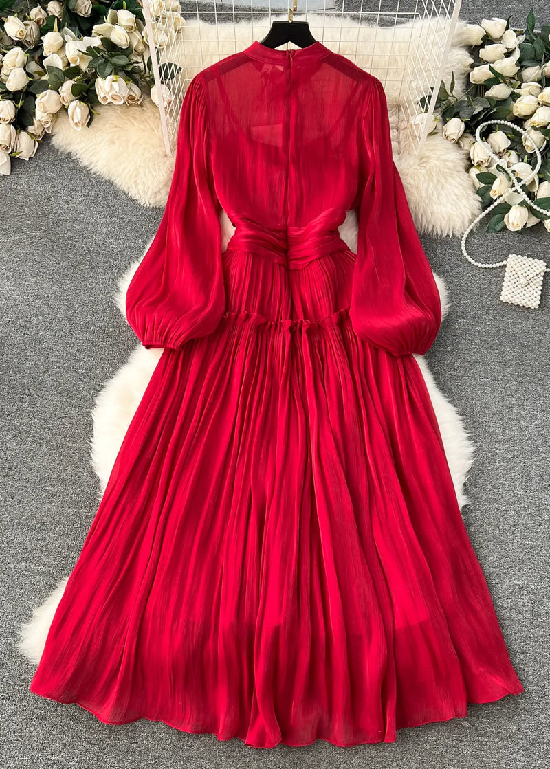 Art Red Wrinkled Patchwork Silk Cotton Dress Long Sleeve