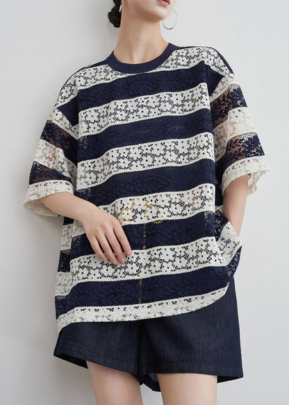 Striped Navy O Neck Hollow Out Lace T Shirts Summer