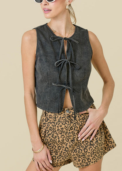 Blue O Neck Lace Up Denim Vest Top Sleeveless