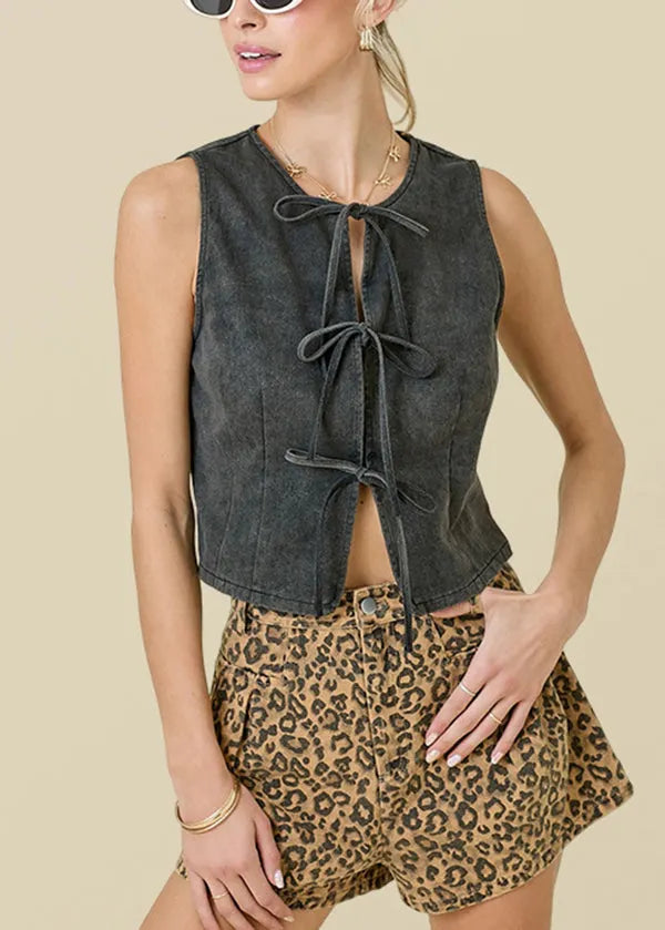 Blue O Neck Lace Up Denim Vest Top Sleeveless
