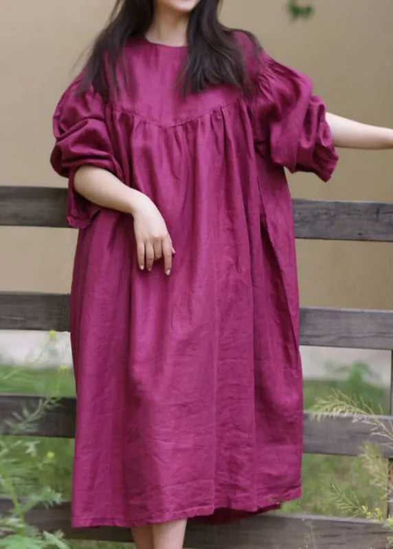 Loose Rose O Neck Button Cotton Long Dress Fall