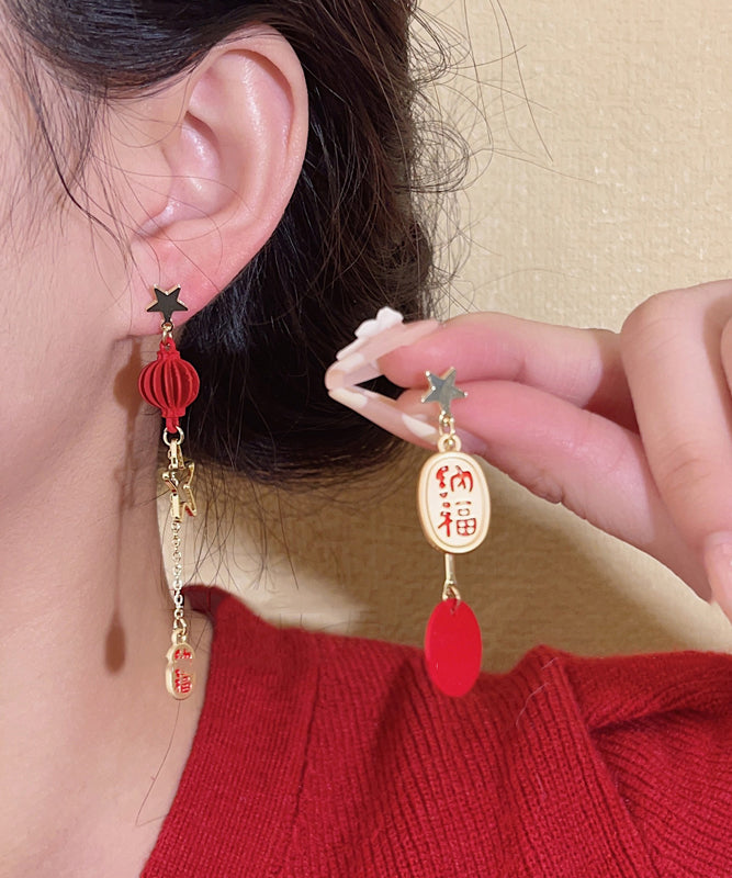 Red Sterling Silver Alloy Asymmetric Star Lantern Tassel Drop Earrings