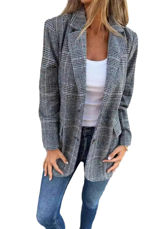 Blue Notched Pockets Plaid Cotton Suit Coats Fall