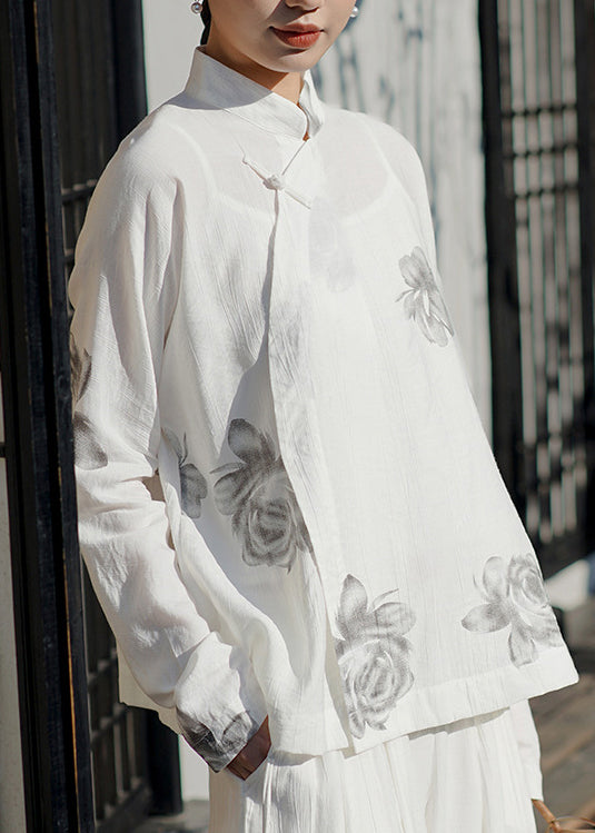 Chinese Style Grey Stand Collar Print Oriental Button Cotton Shirts Spring