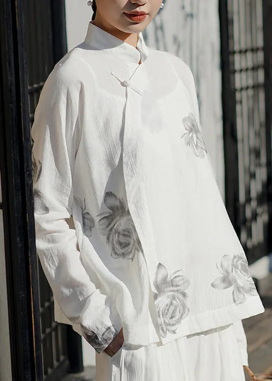 Chinese Style Grey Stand Collar Print Oriental Button Cotton Shirts Spring