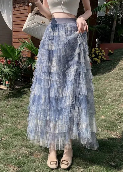 Gradient Color Blue Tie Dye Tulle Maxi Cake Skirt Summer
