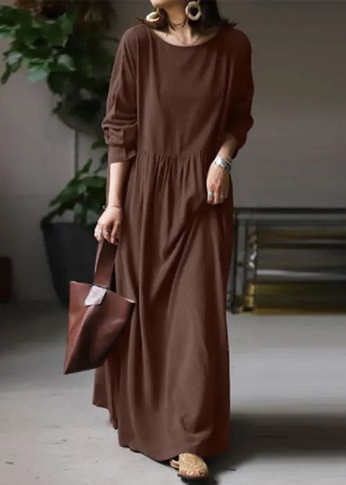 Loose White O Neck Cotton Maxi Dress Long Sleeve