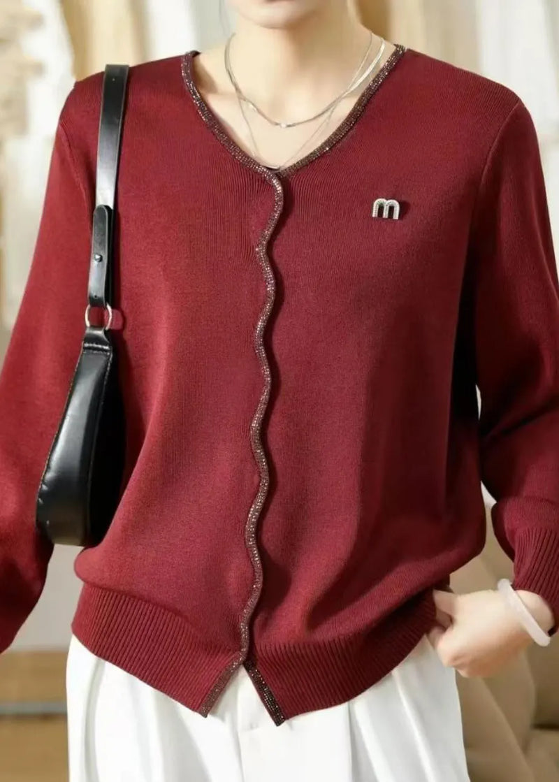 Warm Red V Neck Knit Sweaters Fall