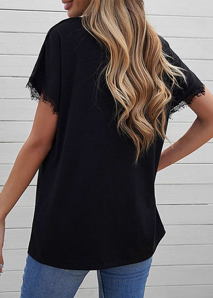 Black Lace Patchwork T Shirt Short Sleeve