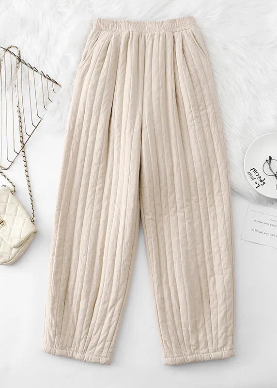 Loose Coffee Pockets Elastic Waist Fine Cotton Filled Pants Winter