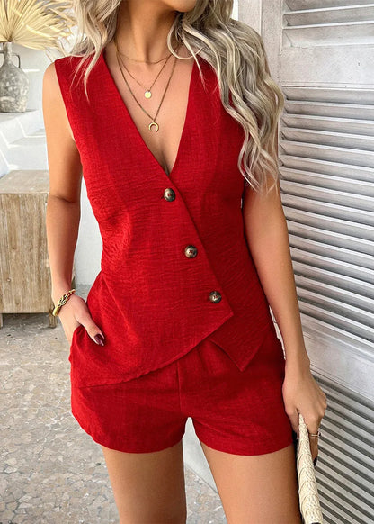 Leisure Vacation Style Green Button Vest and Shorts Set Summer