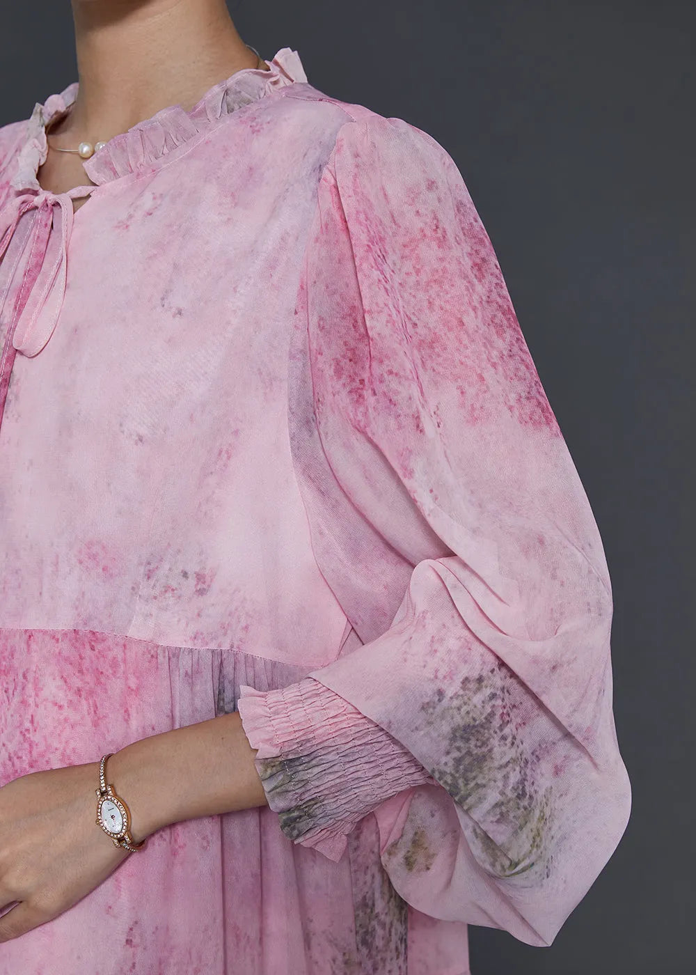 Pink Ruffled Tie Dye Chiffon Maxi Dress Fall