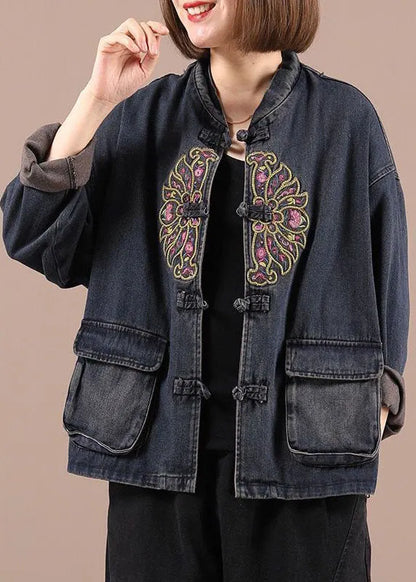 Black Button Embroidered Pockets Fall Denim Jackets