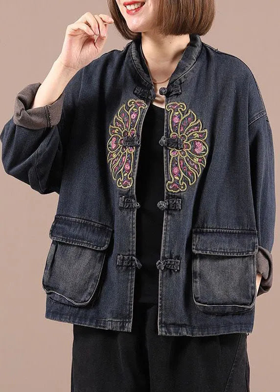 Black Button Embroidered Pockets Fall Denim Jackets