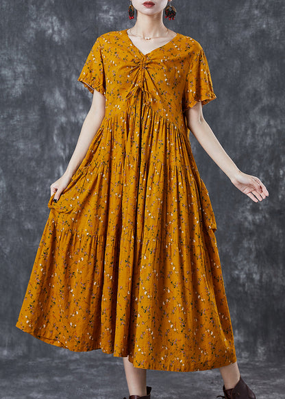 Yellow Cinched Print Cotton Dress Summer