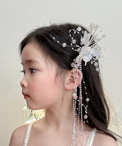 Boutique White Acrylic Alloy Crystal Butterfly Tassel Hairpin