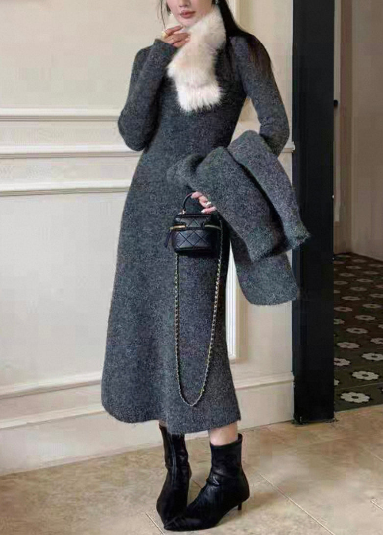 Grey Cozy Knit Three Piece Set Fur Collar Batwing Sleeve