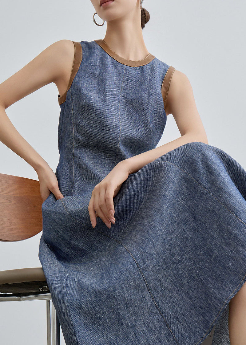 Fitted Blue O Neck Patchwork Denim Long Dress Sleeveless