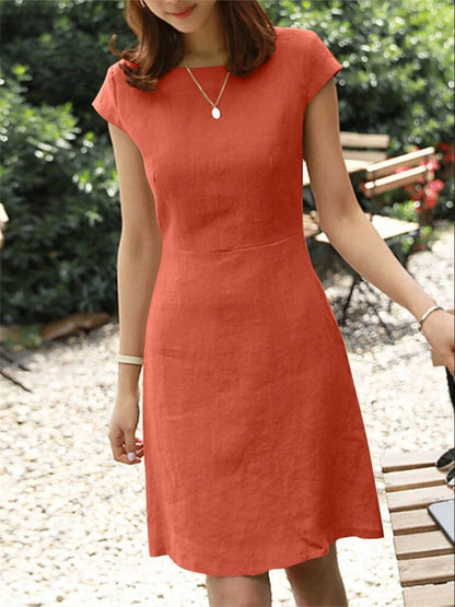 Comfortable Female Cotton and Linen Color Back Big V Hollow-out Round Neck Dress