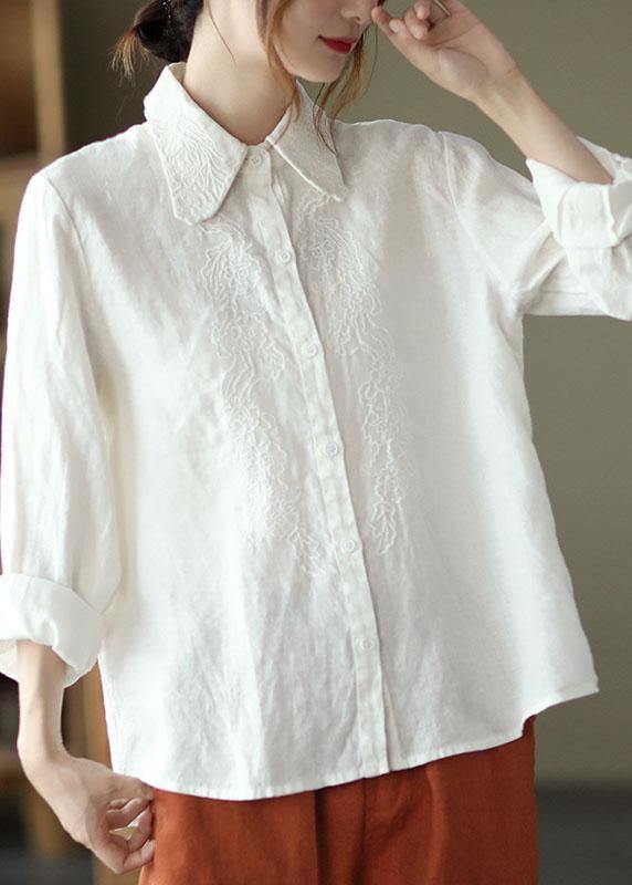 Organic White Loose Embroidered Fall Linen Long Sleeve Blouse Tops