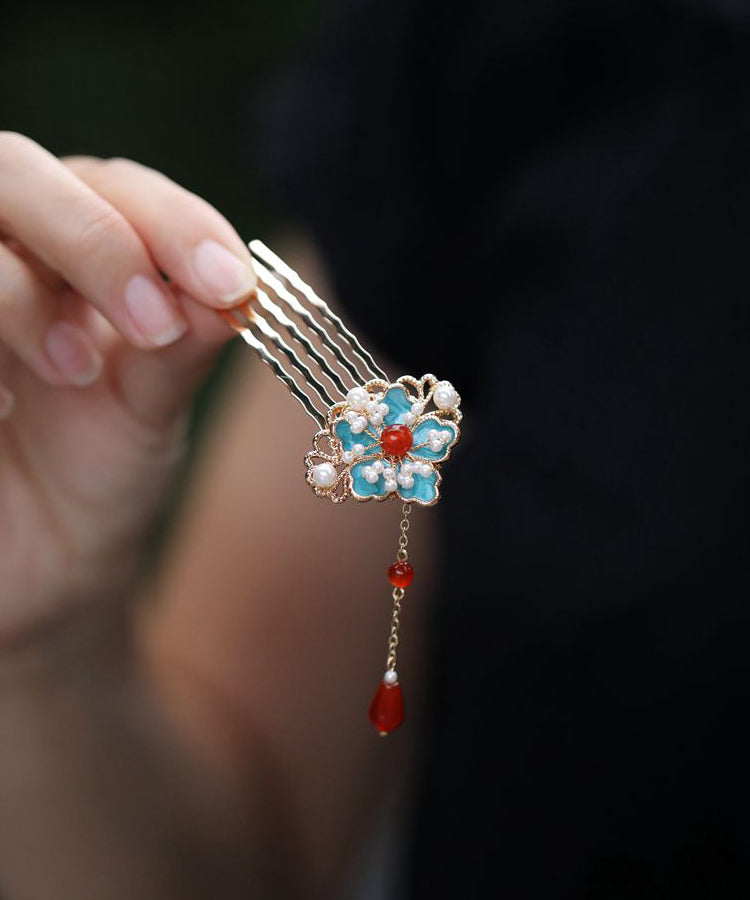 Retro Gold Sterling Silver Overgild Pearl Enamel Hairpin