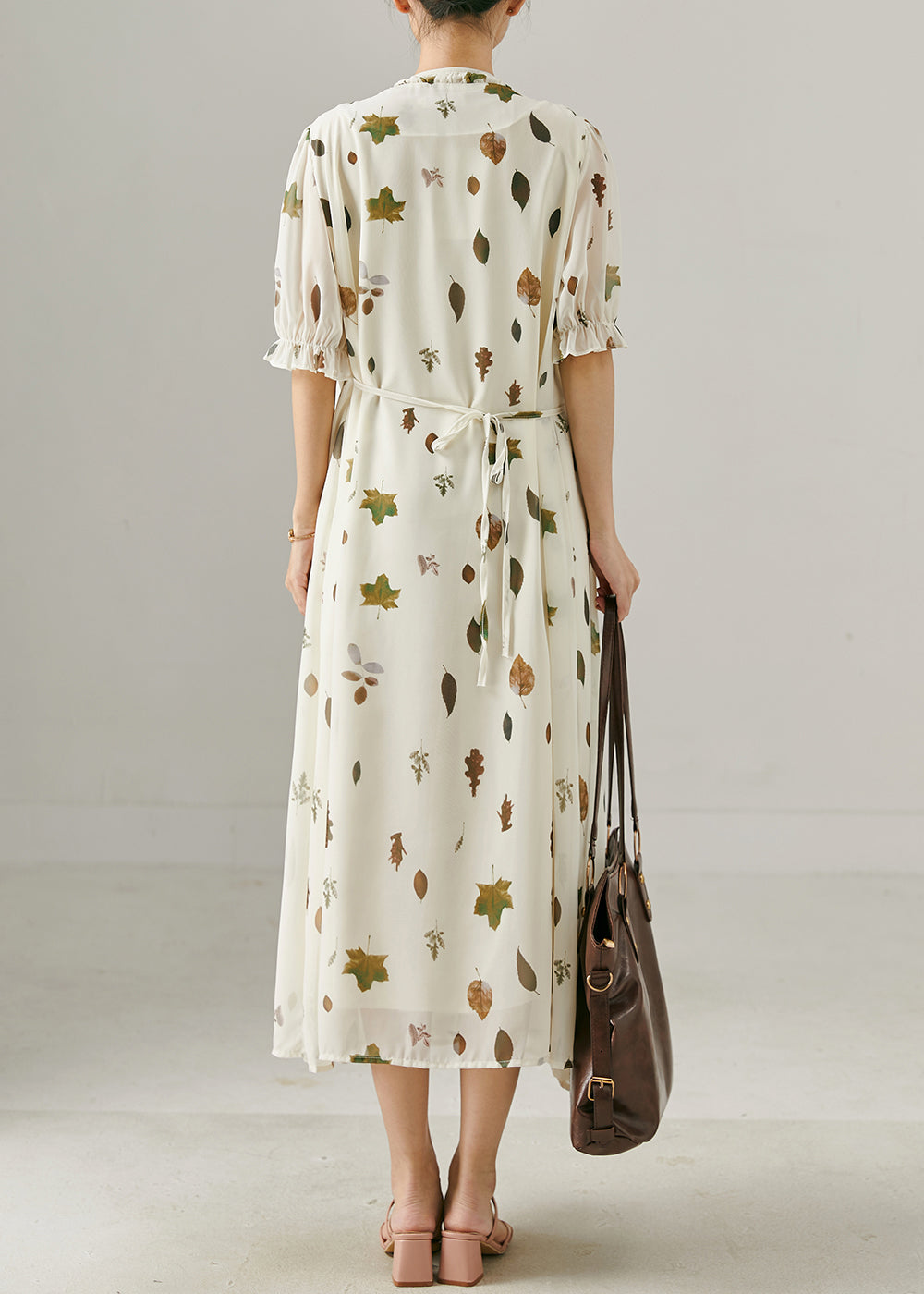 White V Neck Print Chiffon Maxi Dress Summer