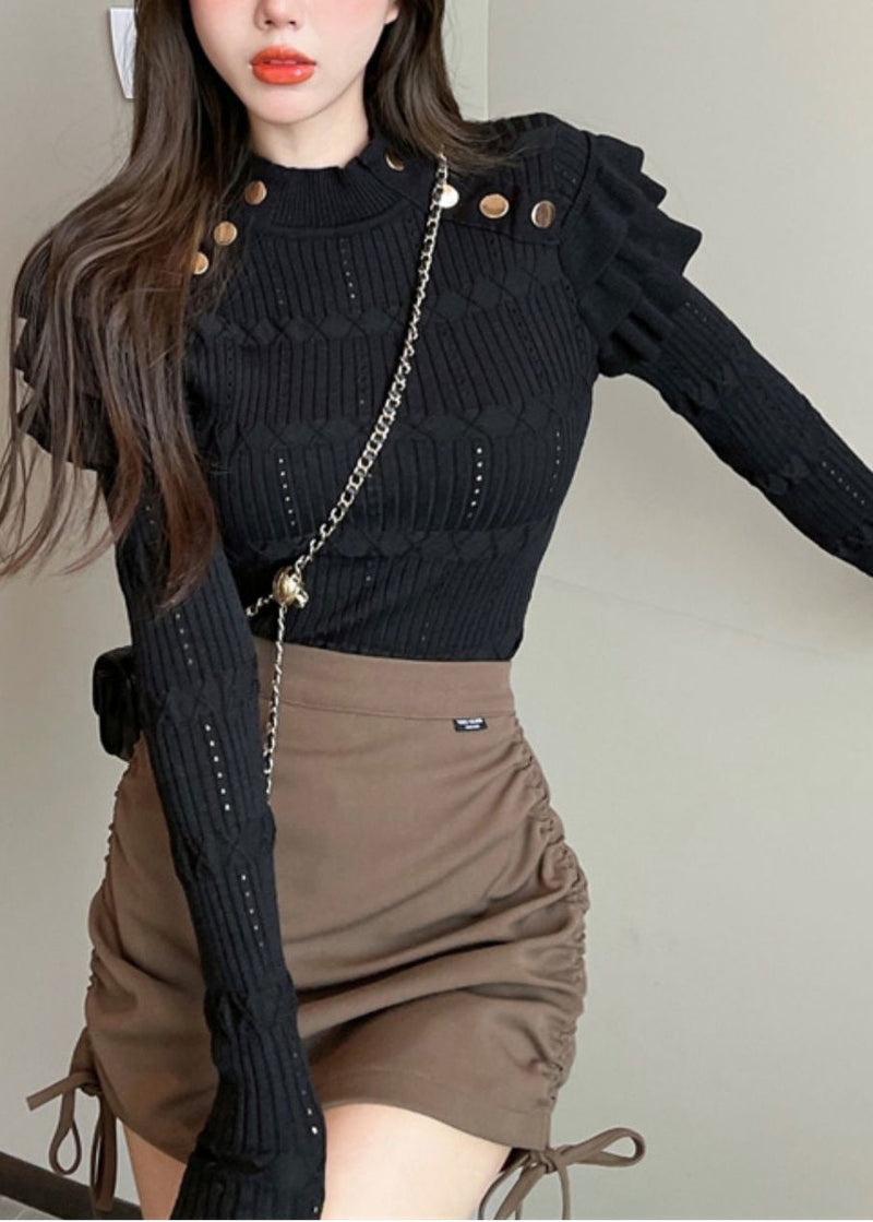Black Hollow Out Knit Sweater Ruffled Winter