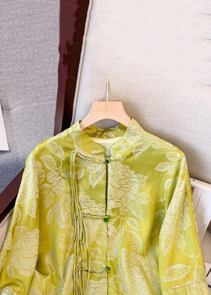 Yellow Tasseled Button Print Silk Coat Fall