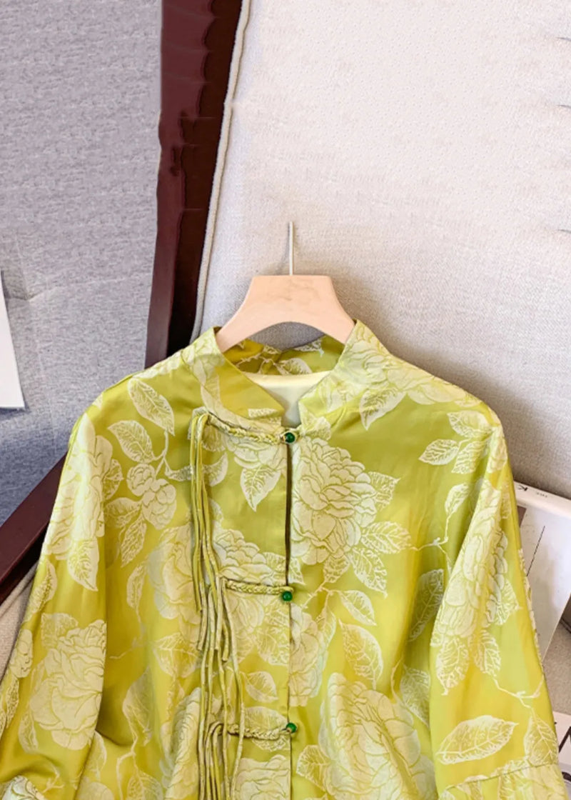 Yellow Tasseled Button Print Silk Coat Fall
