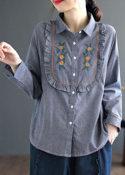 Unique Blue Ruffled Patchwork Embroidered Cotton Shirt Top Spring