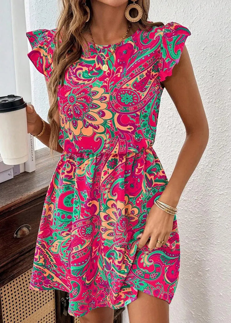 Rose Ruffled Print Cotton Vacation Dresses Summer