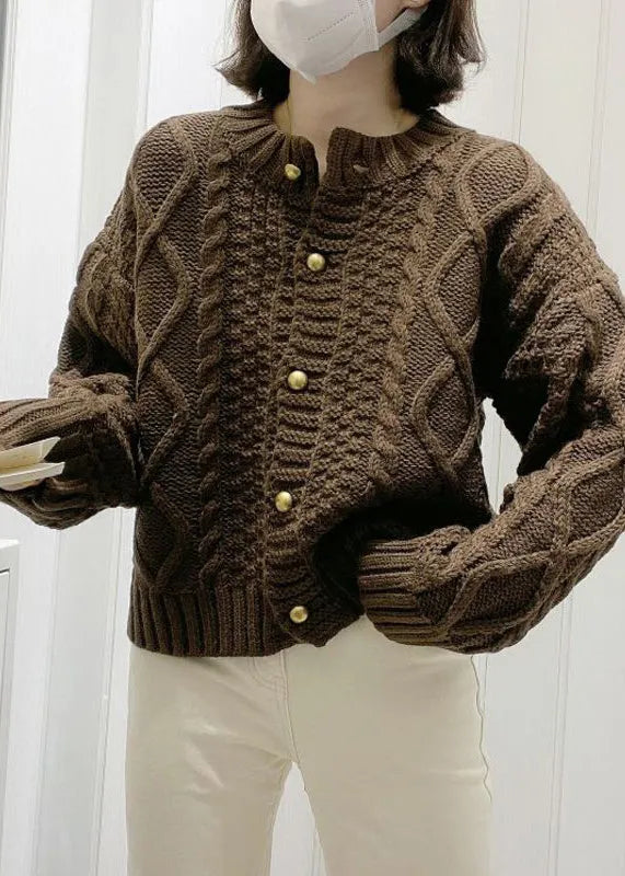 Boutique Beige O-neck Button Cable Knit Cardigan Fall