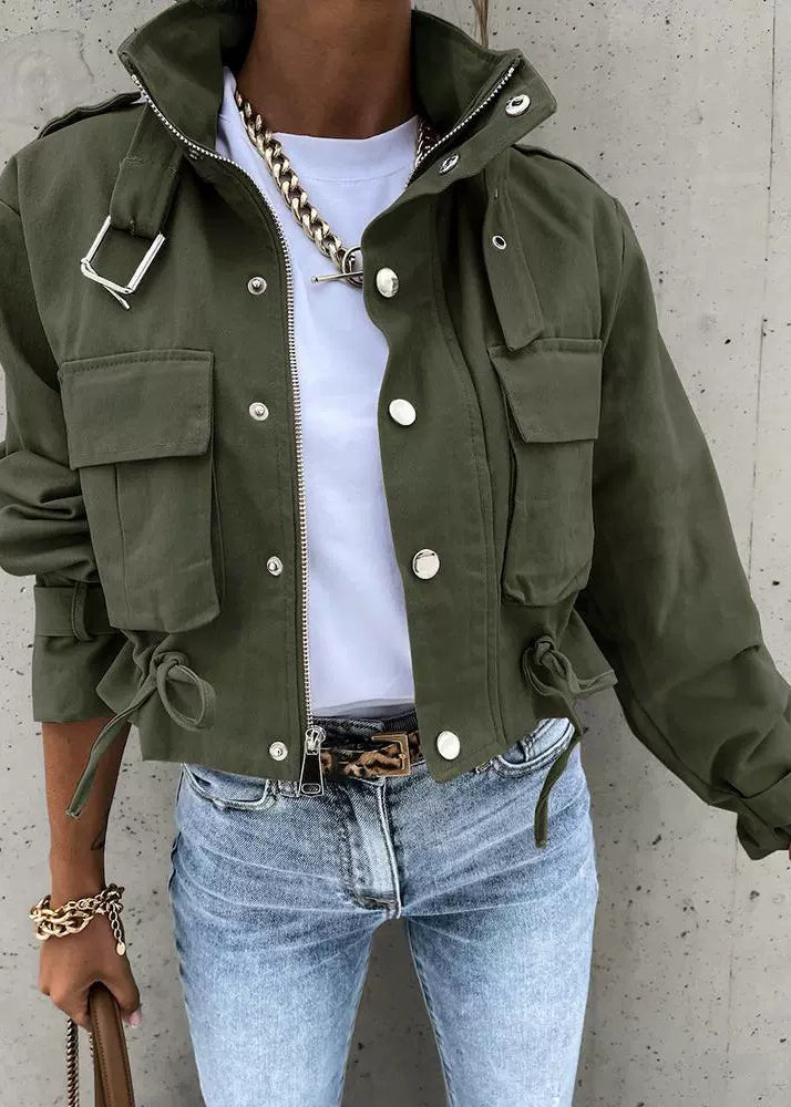 Apricot Zippered Pockets Print Short Jacket Fall