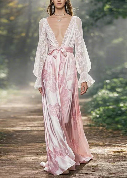 White V Neck Lace Up Silk Long Dress Flare Sleeve