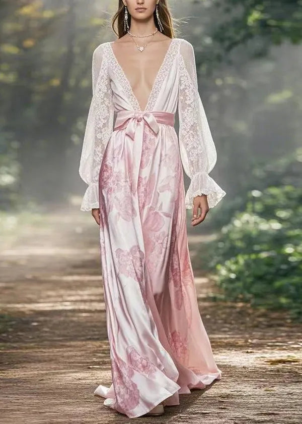 White V Neck Lace Up Silk Long Dress Flare Sleeve