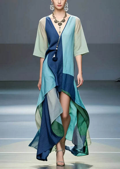 Fine Polychrome Asymmetrical Low High Design Cotton Dresses Summer