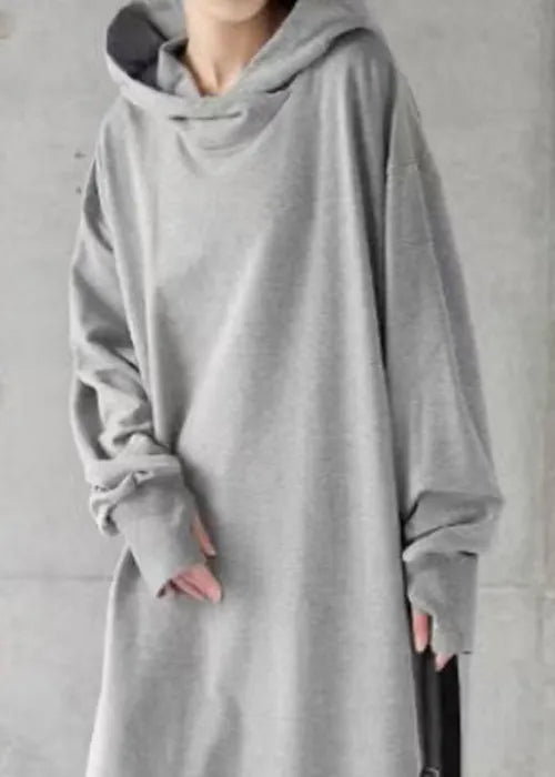 Loose Grey Hooded Cotton Sweatshirt Dress Spring