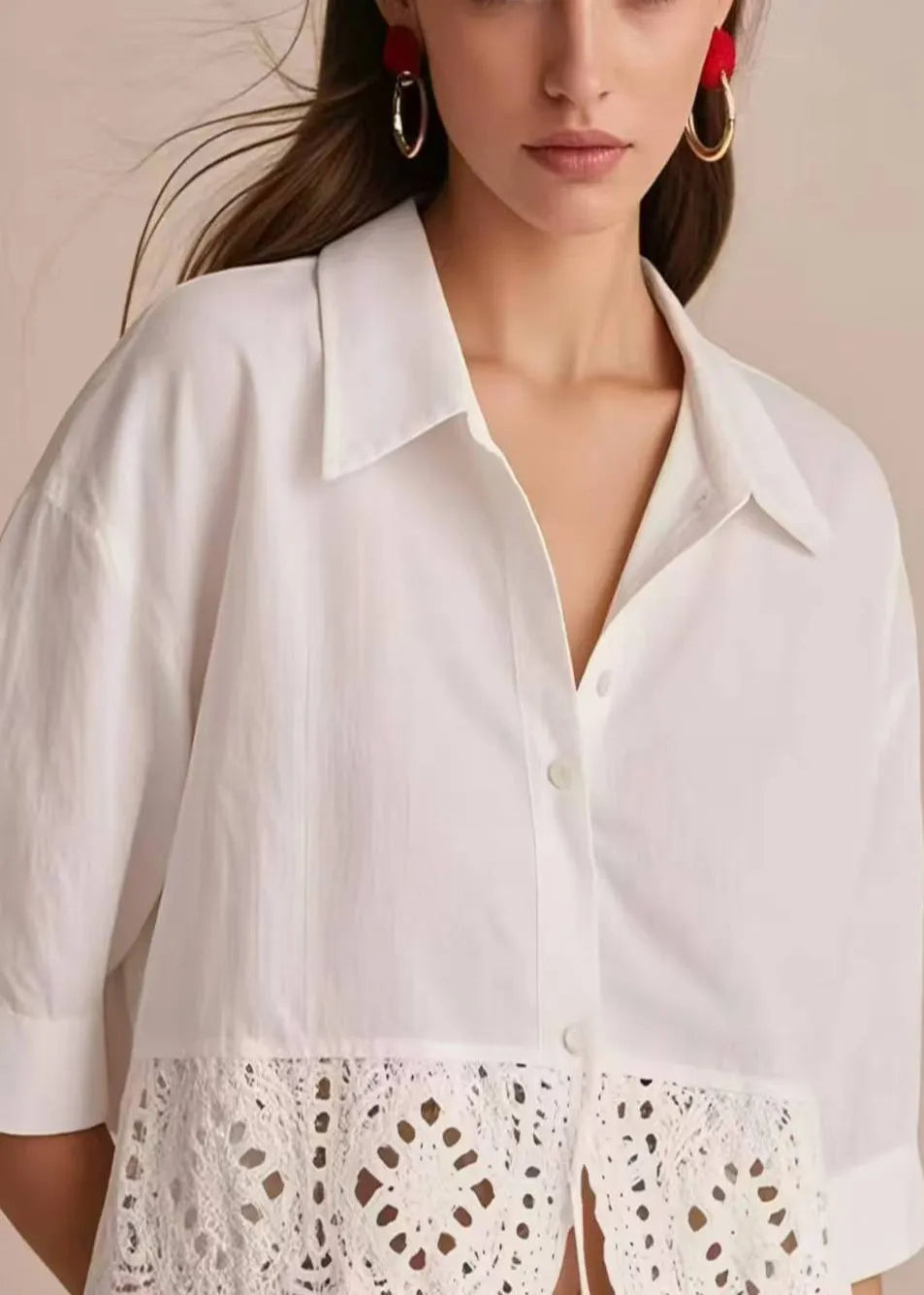 Style White Peter Pan Collar Patchwork Lace Tops Half Sleeve
