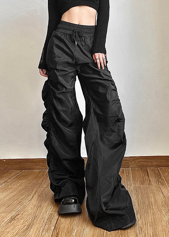 Black Elastic Waist Wrinkled Straight Pants Summer