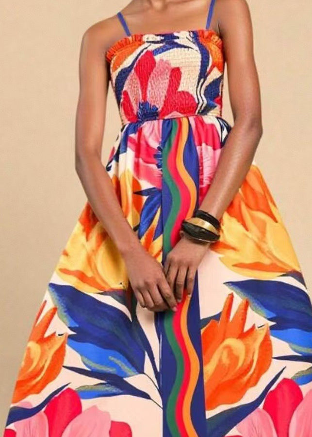 Classy White Print Cotton Spaghetti Strap Dress Summer