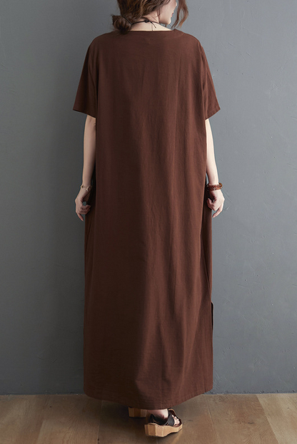 New Loose Short Sleeve Dress Retro Cotton Linen Robe