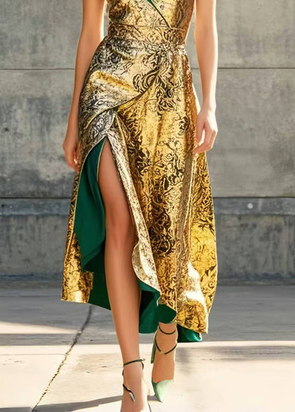 Golden Jacquard Side Open Party Dresses Sleeveless