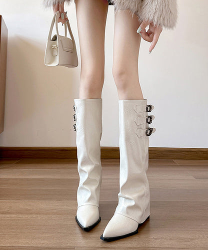 White Cowhide Leather Splicing Wedge Boots Pointed Toe