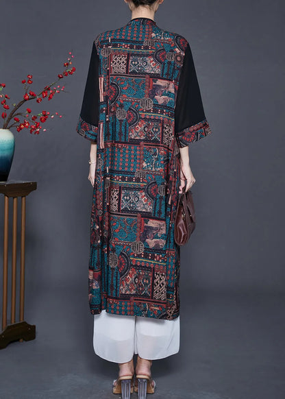 Black Mandarin Collar Patchwork Print Silk Cardigans Fall