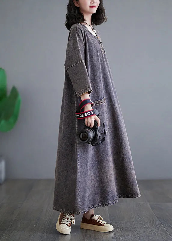 Patchwork Pockets Holiday Denim Long Dress Bracelet Sleeve