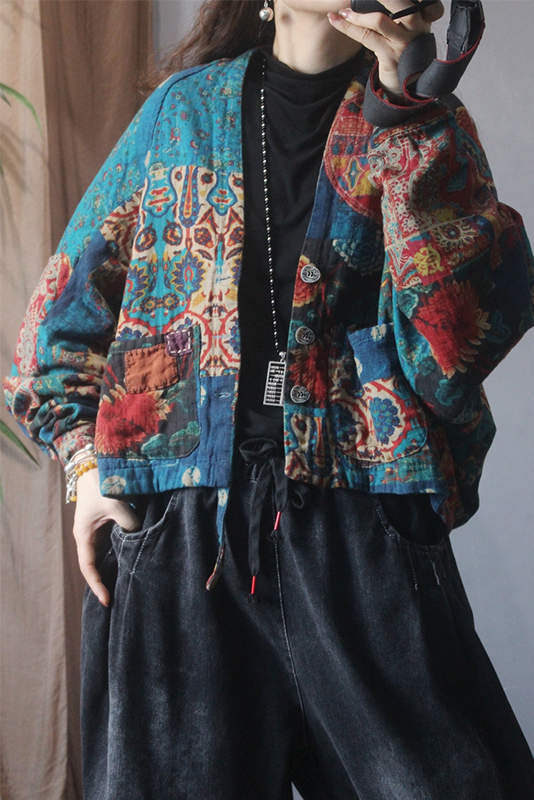 -new Doll Sleeve Linen Short Jacket Loose Print Cardigan