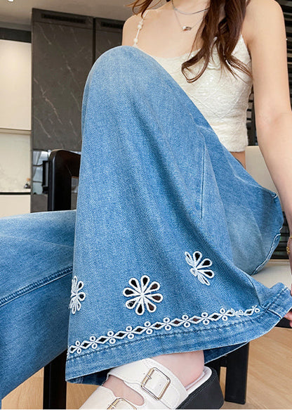 Style Blue Embroidered Hollow Out Denim Straight Pants Fall